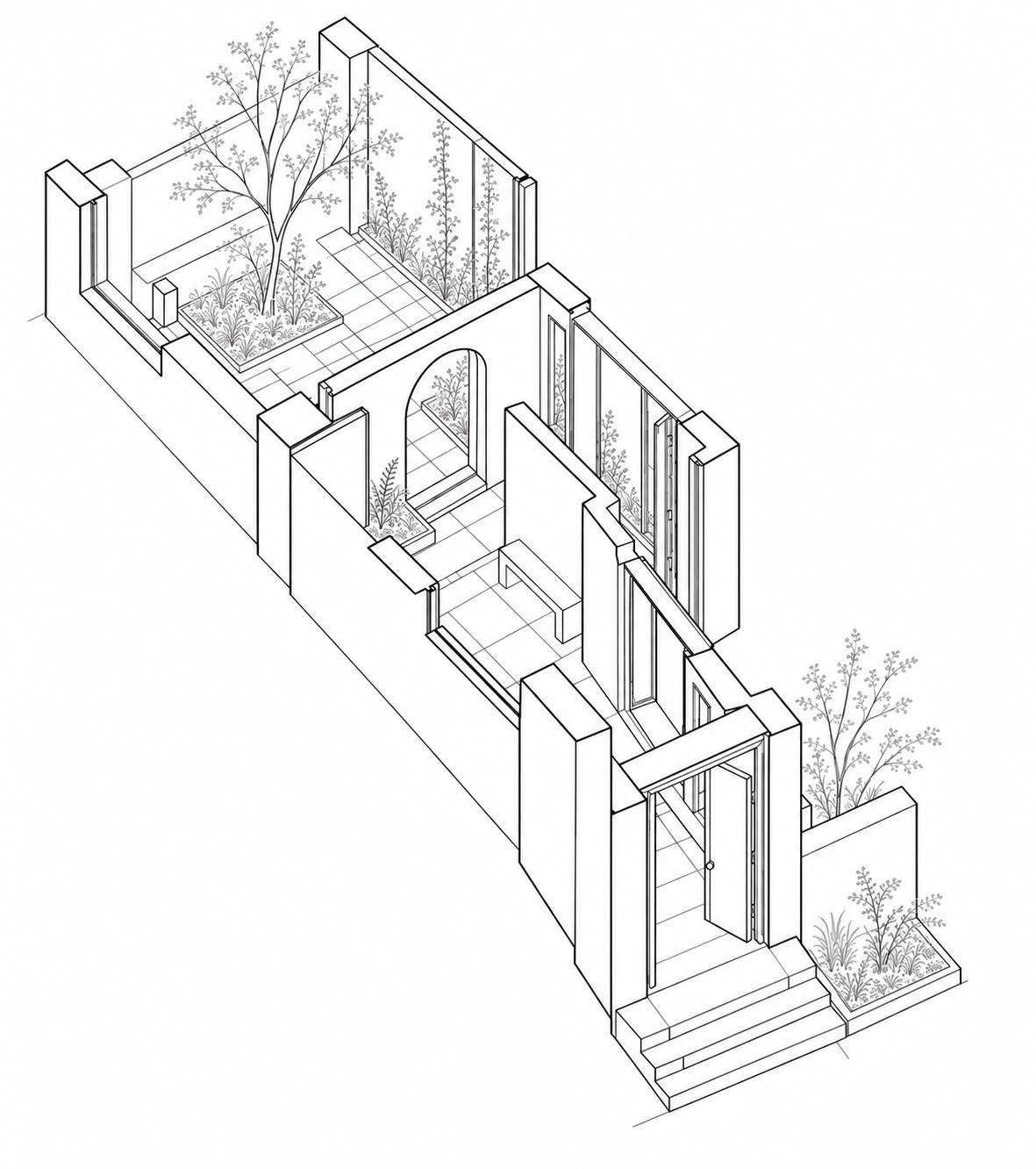 Cutaway drawing of a courtyard sequence with doorways, a bench and planted beds; no stones.